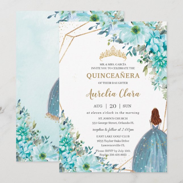 Convite Quinceañera Turquoise Blue Floral Auburn Princesa (Frente/Verso)