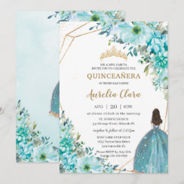 Convite Quinceañera Turquoise Blue Floral Princesa Dourada