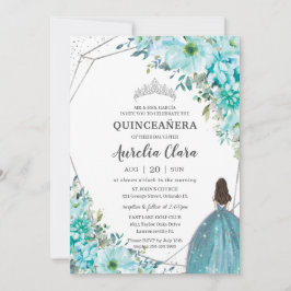 Convite Quinceañera Turquoise Blue Floral Silver Princesa