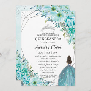 Convite Quinceañera Turquoise Blue Floral Silver Princesa