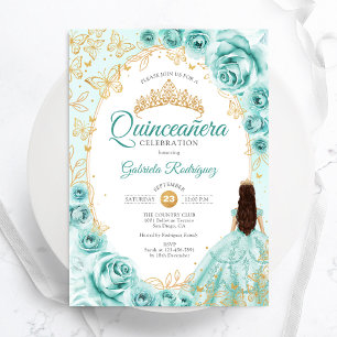 Convite Quinceanera Turquoise Dourada