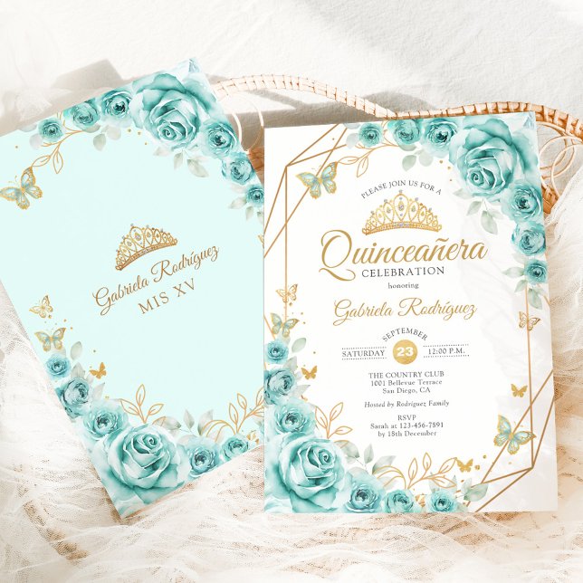 Convite Quinceanera Turquoise Floral Dourada (Criador carregado)