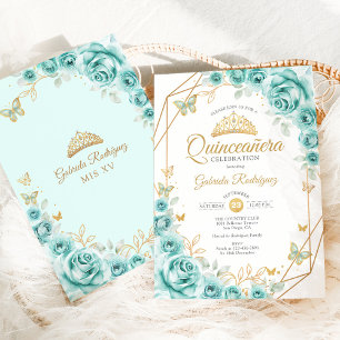 Convite Quinceanera Turquoise Floral gOLD