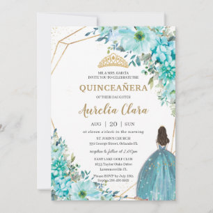 Convite Quinceañera Turquoise Green Floral Princesa Doura