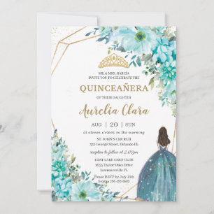 Convite Quinceañera Turquoise Green Floral Princesa Doura