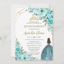 Convite Quinceañera Turquoise Green Floral Princesa Dourad