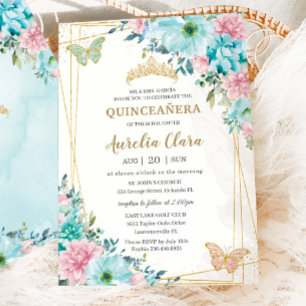 Convite Quinceañera Turquoise Pink Borboletas Douradas Flo
