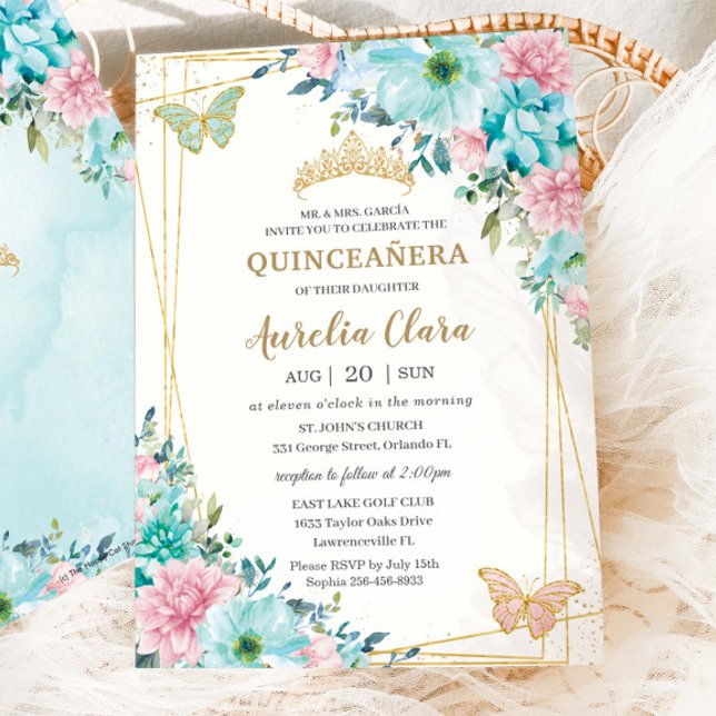 Convite Quinceañera Turquoise Pink Borboletas Douradas Flo (Criador carregado)