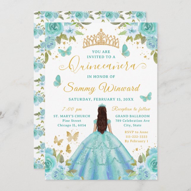 Convite Quinceañera Turquoise Princess Brunette Girl (Frente/Verso)