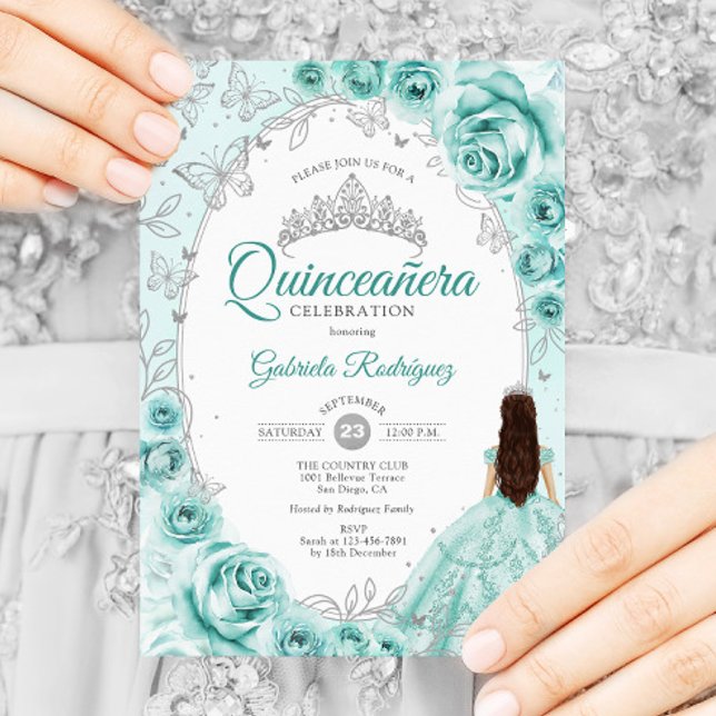 Convite Quinceanera Turquoise Silver Floral (Criador carregado)