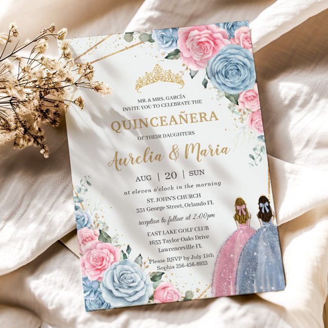 Convite Quinceañera Twins Bebês Azul Cor-de-rosa Rosas (Criador carregado)