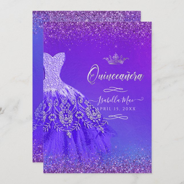 Convite Quinceanera Ultra Violet Ombre Glitter (Frente/Verso)