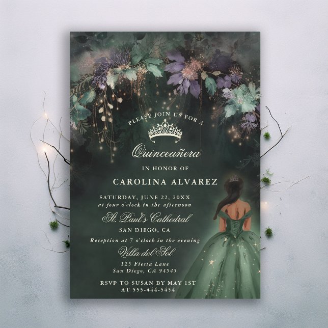 Convite Quinceanera Verde da Arca Florestal Encantada (enchanted forest quinceanera invitation watercolor princess dress dark emerald hunter green woodland)