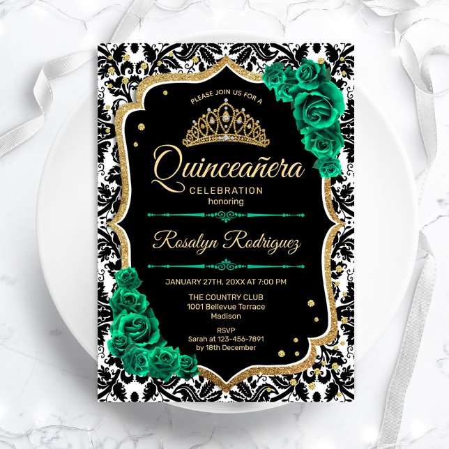 Convite Quinceanera Verde Dourada Damasco Negro Elegante (Criador carregado)