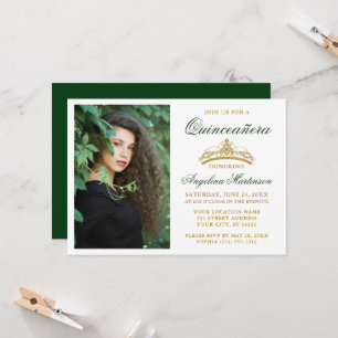 Convite Quinceanera Verde Dourada Elegante Moderna