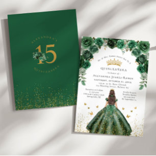 Convite Quinceañera Verde Esmeralda Floral Folha Dourada F
