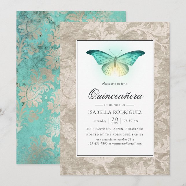 Convite Quinceañera Verde Menta e Pérola Damasko (Frente/Verso)