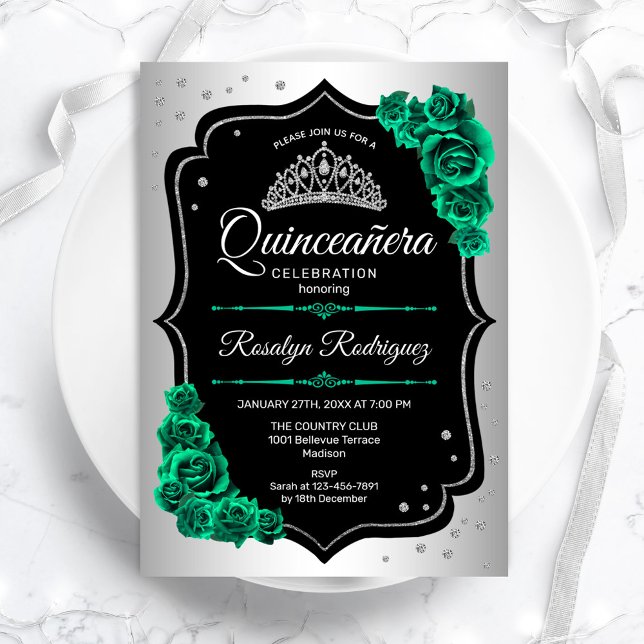 Convite Quinceanera Verde Preto Silver (Criador carregado)