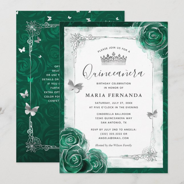 Convite Quinceanera Verde Rosa Silver Elegante (Frente/Verso)