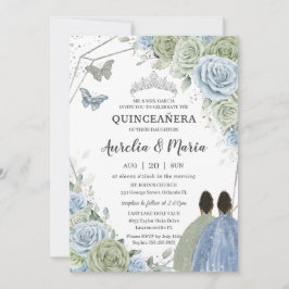 Convite Quinceañera Verde Sage Azul Floral Gêmeas Prata