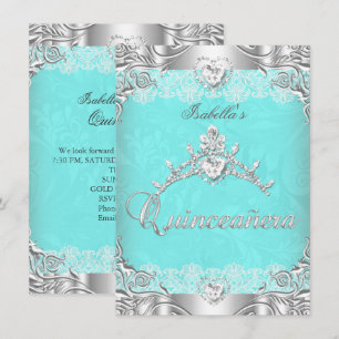 Convite Quinceanera Verde Teal Prata Diamante Tiara Festa 