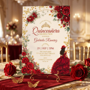 Convite Quinceañera Vermelha Borboletas Douradas Rosas