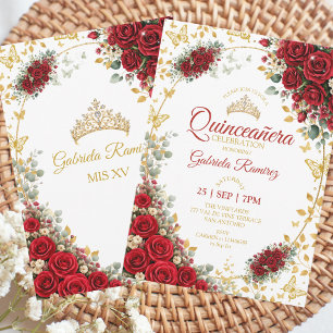 Convite Quinceañera Vermelha Borboletas Douradas Rosas