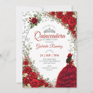 Convite Quinceañera Vermelha Borboletas Prateadas Rosas