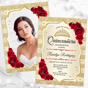 Convite Quinceanera Vermelha Dourada