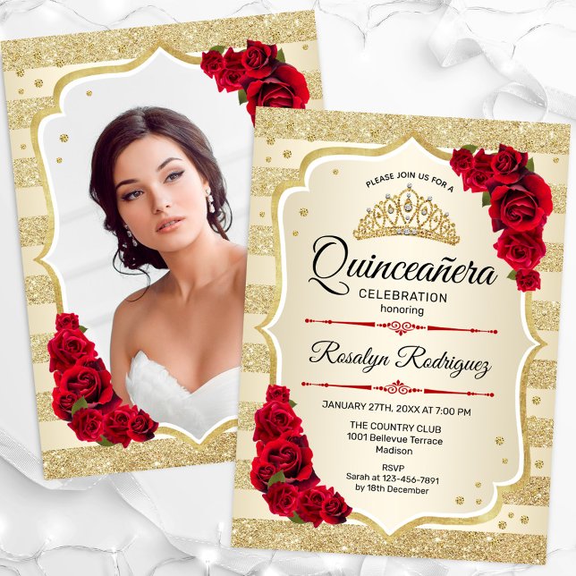Convite Quinceanera Vermelha Dourada (Criador carregado)