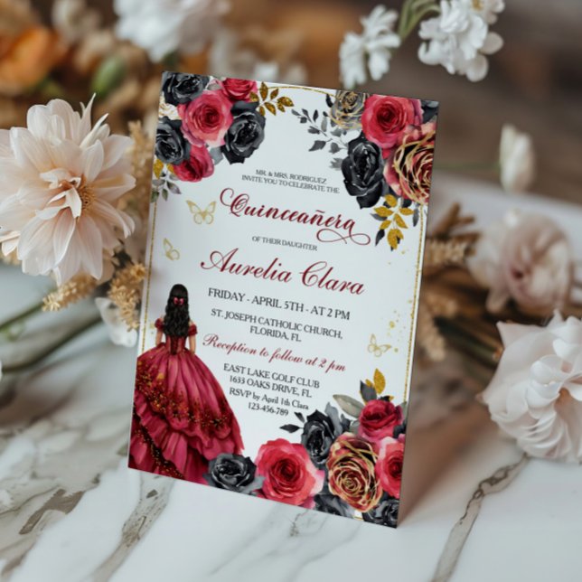 Convite Quinceanera Vermelha e Preto Floral Elegante (Criador carregado)