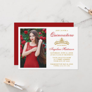 Convite Quinceanera Vermelha, Foto da Coroa Dourada Elegan