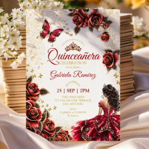 Convite Quinceañera Vermelha Rosas Douradas Tiaras Borbole