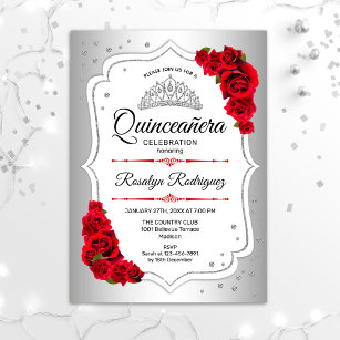 Convite Quinceanera - Vermelho Branco Prateado
