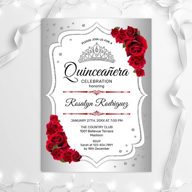 Convite Quinceanera - Vermelho Branco Prateado (Criador carregado)