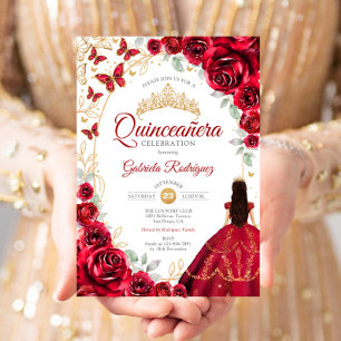Convite Quinceanera Vermelho Dourado Floral