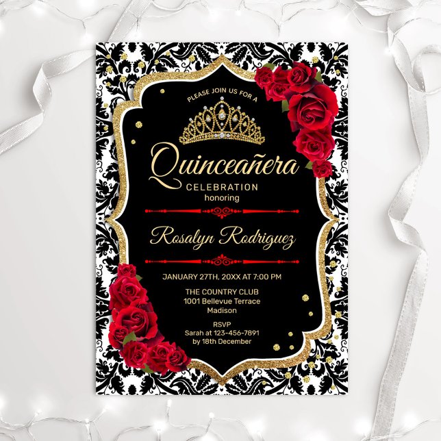 Convite Quinceanera - Vermelho Dourado Preto (Criador carregado)