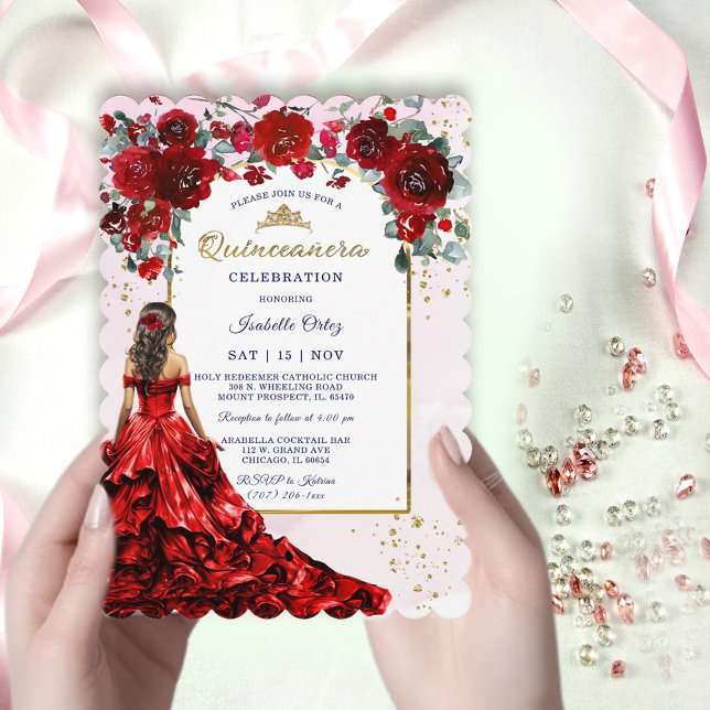 Convite Quinceañera Vermelho e Dourado (Criador carregado)