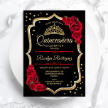 Convite Quinceanera - Vermelho Negro Dourado<br><div class="desc">Dourado convite para comemoração da Quinceanera branca negra. Apresenta fontes de script,  rosa vermelha,  tiara e confetti. Design clássico com ouro falso brilhante. Perfeito para uma elegante celebração de glam.</div>