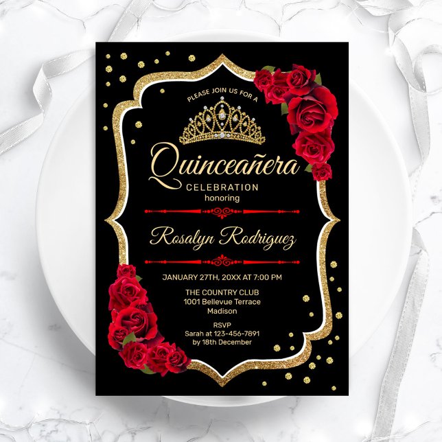 Convite Quinceanera - Vermelho Negro Dourado (Criador carregado)