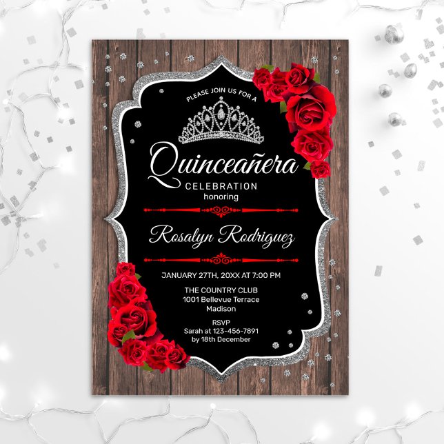 Convite Quinceanera - Vermelho Prateado de Madeira Russo (Criador carregado)