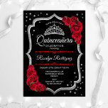 Convite Quinceanera - Vermelho Prateado Preto<br><div class="desc">Convite à celebração da Quinceanera preto de prata. Apresenta fontes de script,  rosa vermelha,  tiara e confetti. Design clássico com falso brilho de prata. Perfeito para uma elegante celebração de glam.</div>