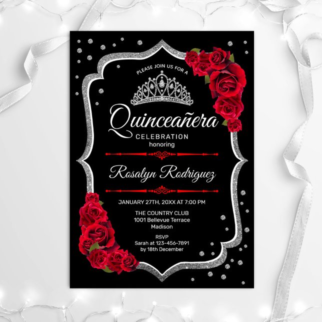 Convite Quinceanera - Vermelho Prateado Preto (Criador carregado)
