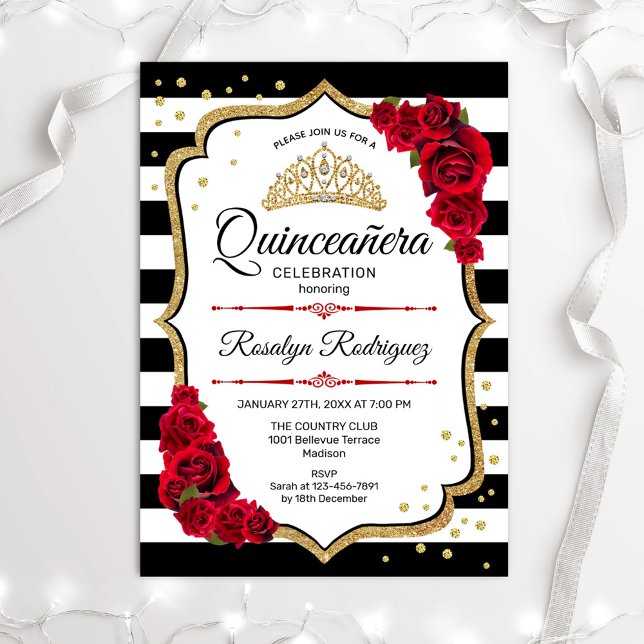 Convite Quinceanera - Vermelho Preto Branco Dourado (Criador carregado)
