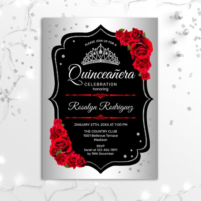 Convite Quinceanera - Vermelho Preto Prateado (Criador carregado)