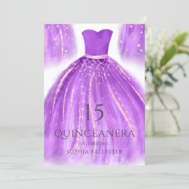 Convite Quinceanera, vestida de Sereia Dourada e roxa
