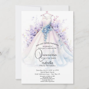 Convite Quinceañera   Vestido Branco com Flores Roxas e Az
