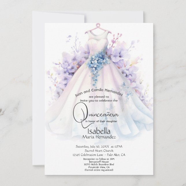Convite Quinceañera | Vestido Branco com Flores Roxas e Az (Frente)