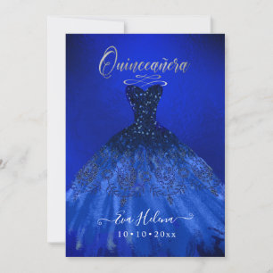 Convite Quinceañera, vestido brilhante, azul elétrico