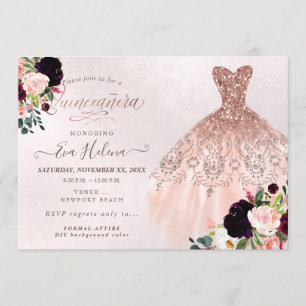 Convite Quinceañera, Vestido Brilhante, Bege Borgonha